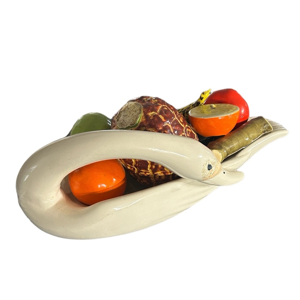 Swan Fruit Centerpiece Table Decor Ceramic Bird Vintage White Flawed Banana Lime